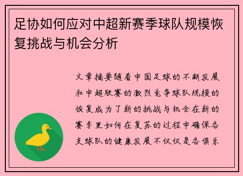 足协如何应对中超新赛季球队规模恢复挑战与机会分析